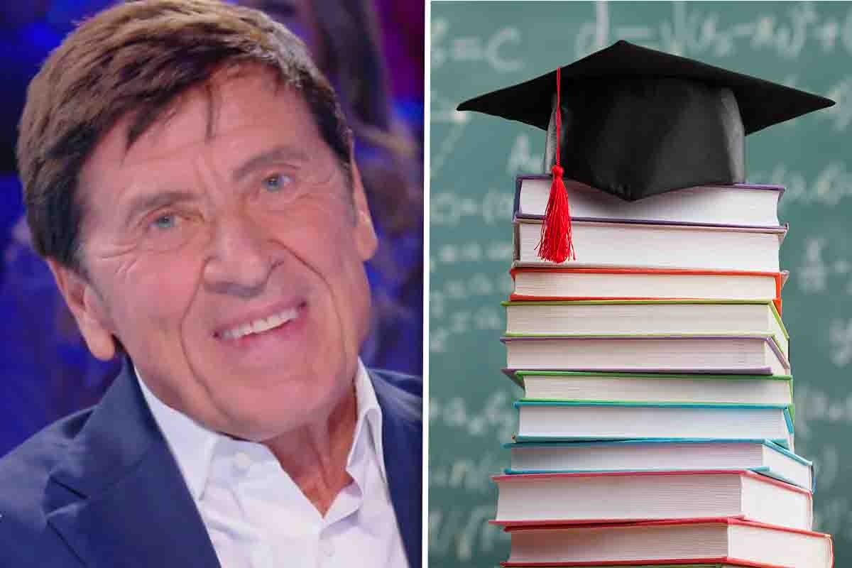 collage gianni morandi con libri a cappellino laurea