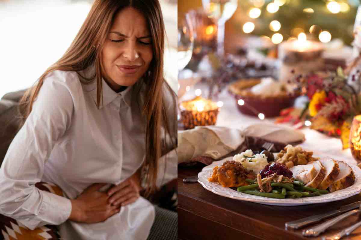 Ragazza con mal di pancia e tavola di Natale