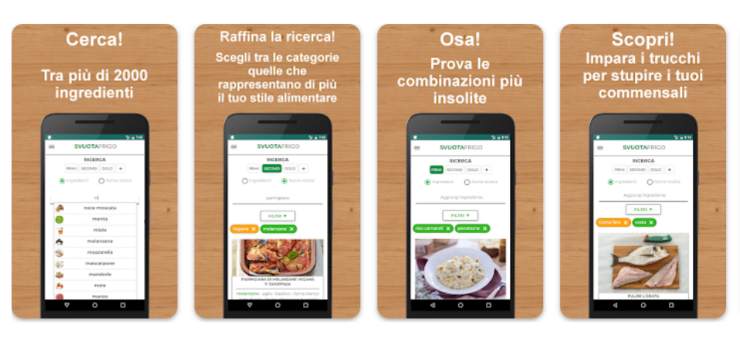 la pubblicità sull'app di svuotafrigo: 4 cellulari con 4 diverse schermate dell'applicazione